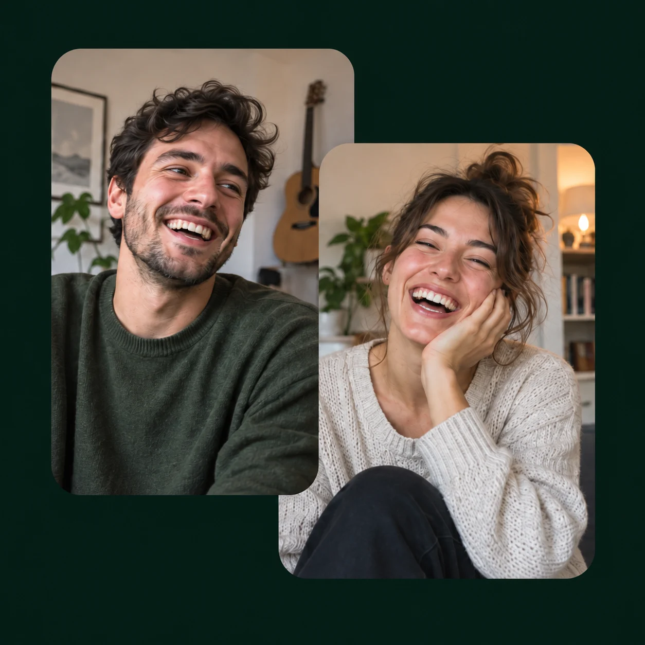 Illustration of two smiling adults in separate video-style portrait frames